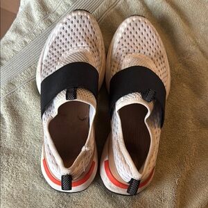 Sorel White and Black Sneakers with Red Heel Accent